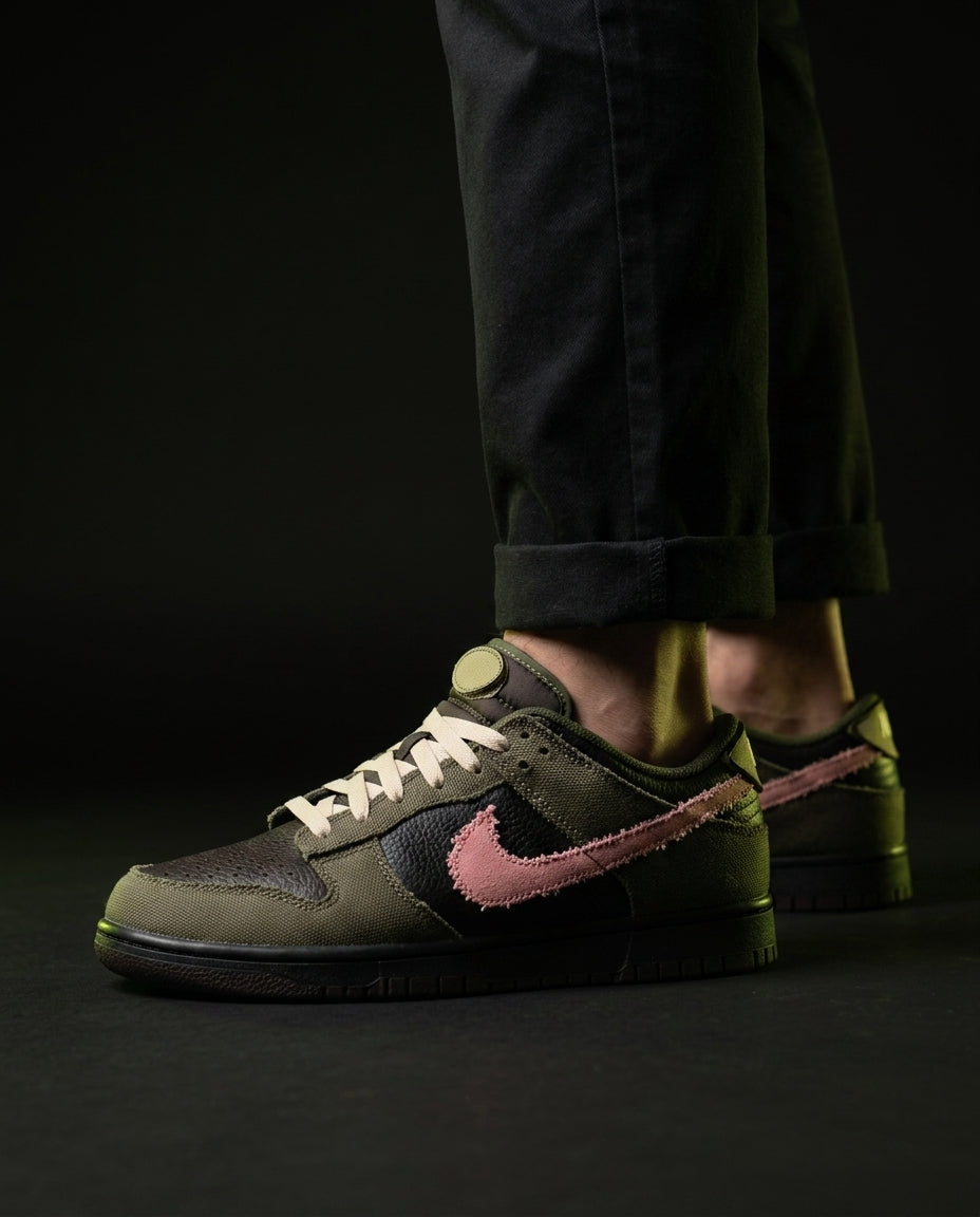 NK Leather Panelled Low Court Trainer Green Olive Black Pink