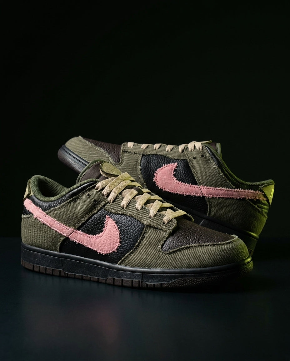 NK Leather Panelled Low Court Trainer Green Olive Black Pink
