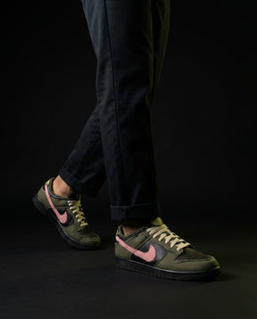 NK Leather Panelled Low Court Trainer Green Olive Black Pink