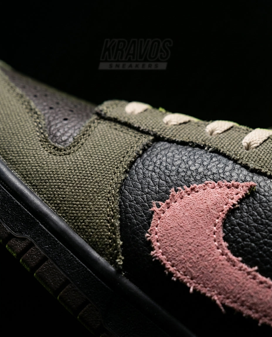 NK Leather Panelled Low Court Trainer Green Olive Black Pink
