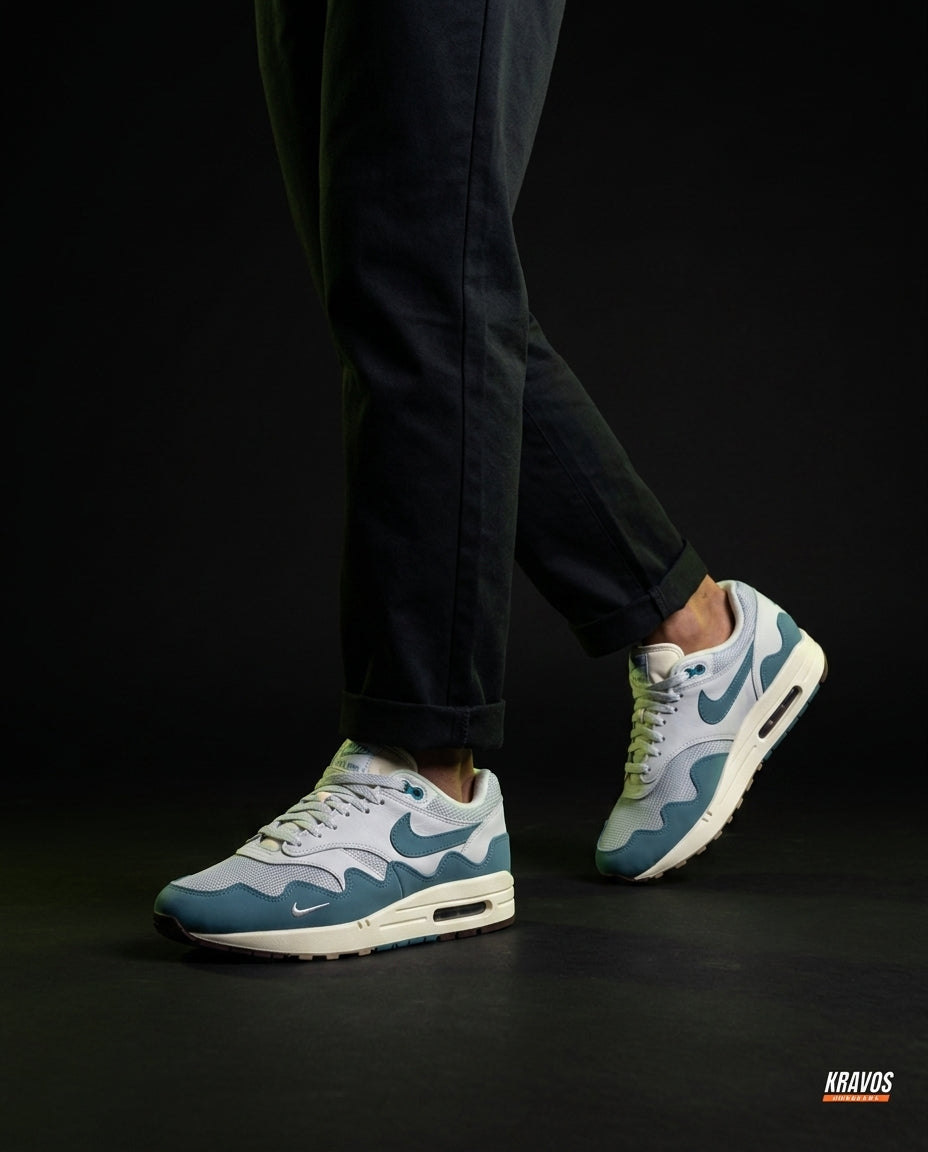 NK Leather Wavy-Panel Air Trainer White Teal Grey