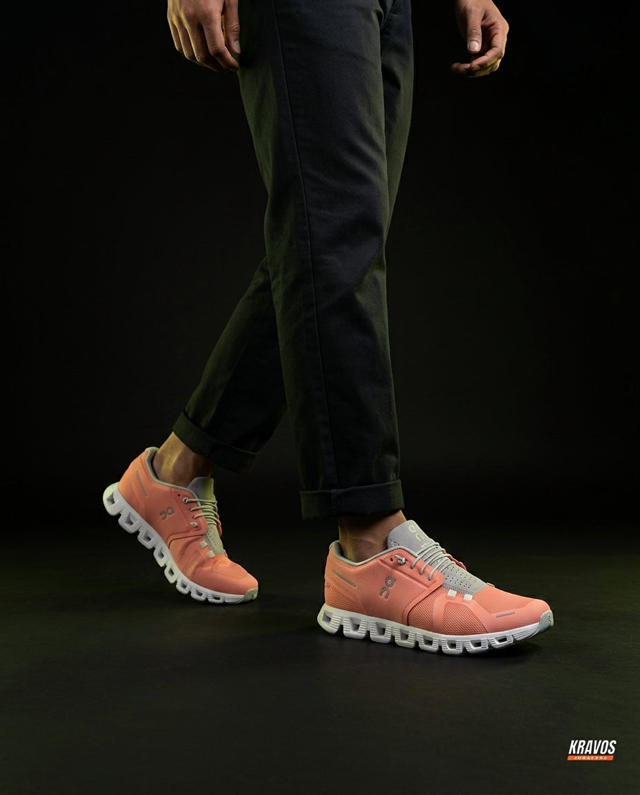 ON 5 Mesh CloudTec Running Trainer Coral Grey White