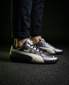 PM Leather Curved-Panel Racing Trainer Gunmetal Black White