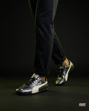 PM Leather Curved-Panel Racing Trainer Gunmetal Black White