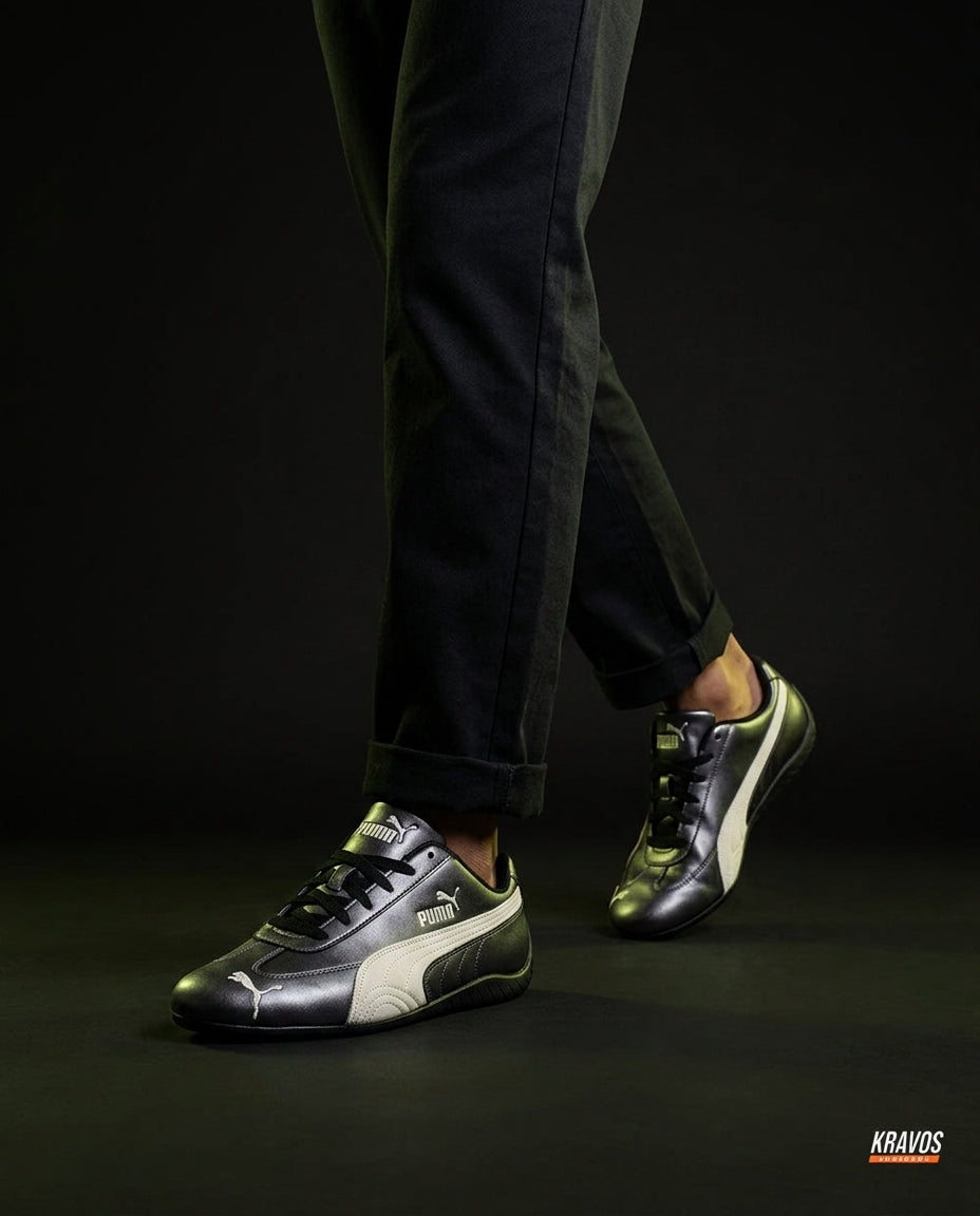 PM Leather Curved-Panel Racing Trainer Gunmetal Black White