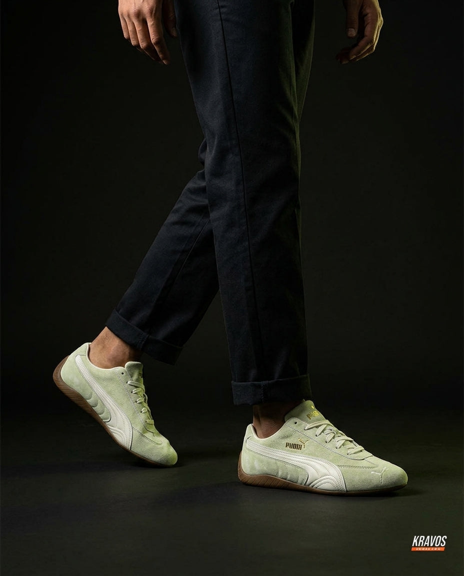 PM Leather Curved-Panel Racing Trainer Mint Cream Gum