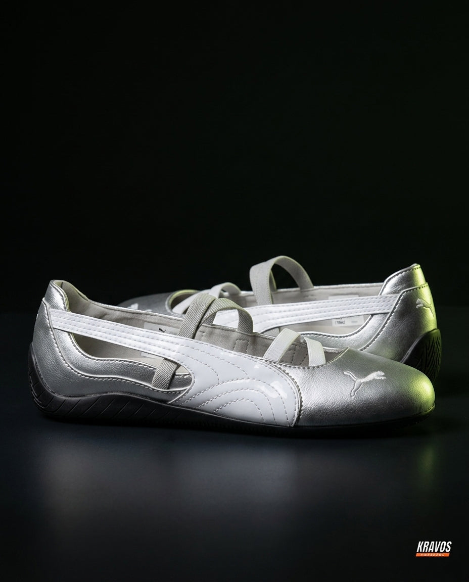 PM Leather Quilted Elastic-Strap Ballet Flat Silver White Black