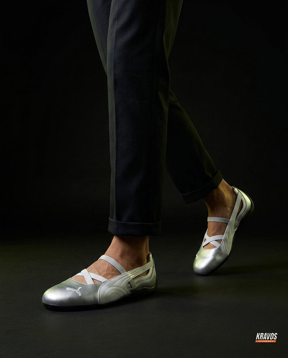 PM Leather Quilted Elastic-Strap Ballet Flat Silver White Black