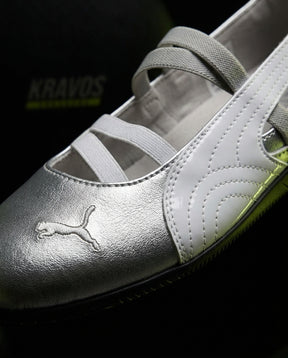 PM Leather Quilted Elastic-Strap Ballet Flat Silver White Black