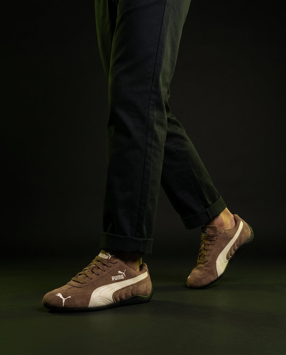 PM Suede Curved-Sole Racing Trainer Brown Cream