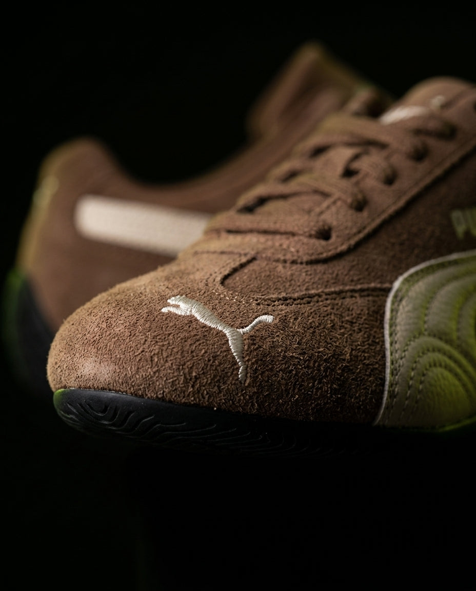 PM Suede Curved-Sole Racing Trainer Brown Cream