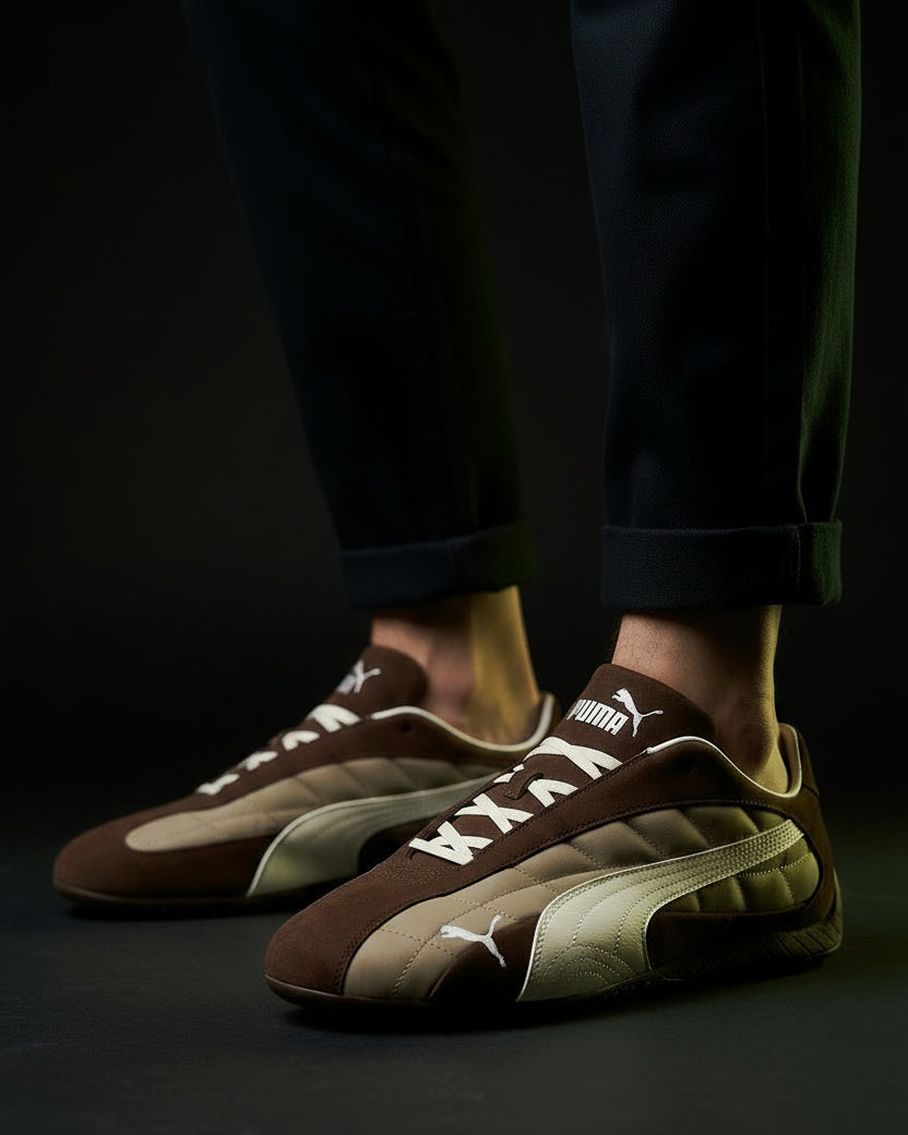 PM Suede Quilted Racing Trainer Brown Cream