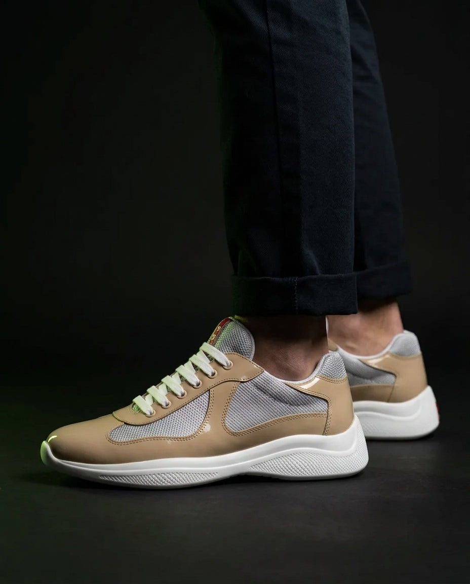 PRD Patent Mesh Panelled Court Trainer Beige Grey White