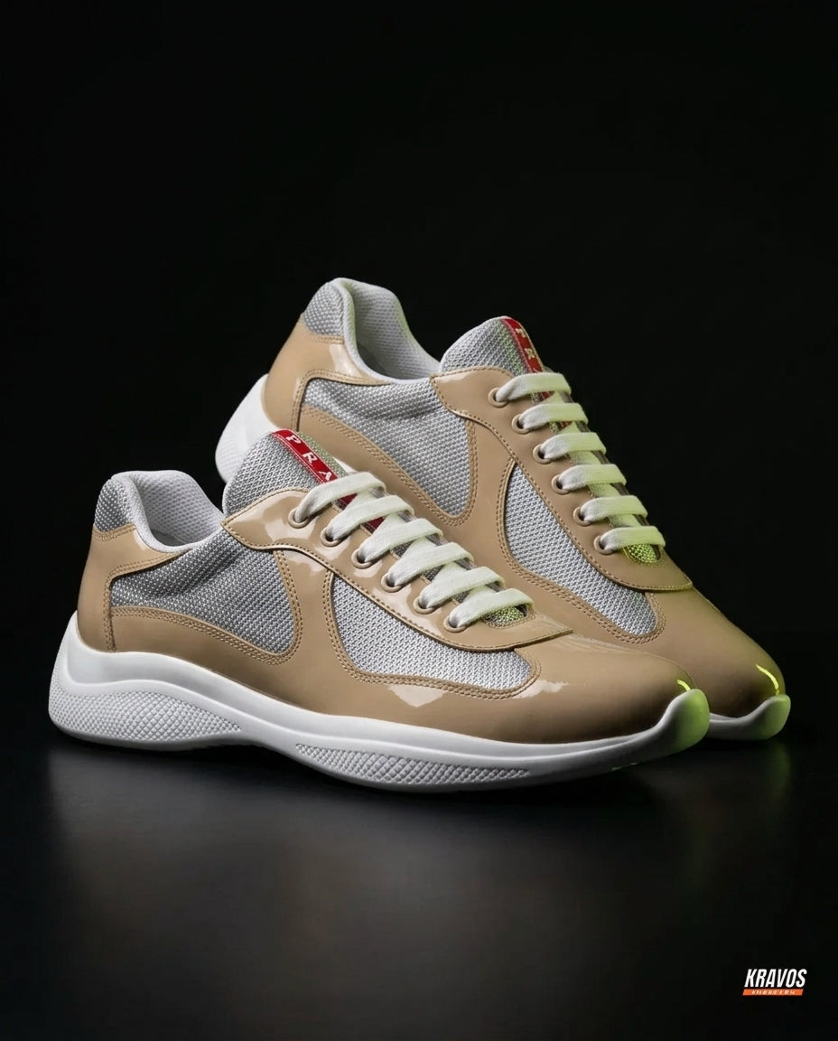 PRD Patent Mesh Panelled Court Trainer Beige Grey White