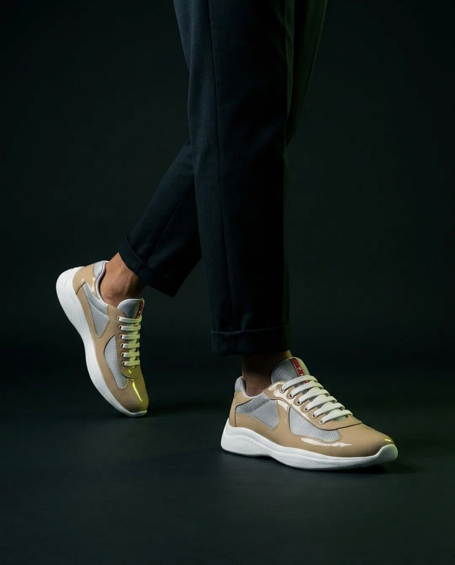 PRD Patent Mesh Panelled Court Trainer Beige Grey White