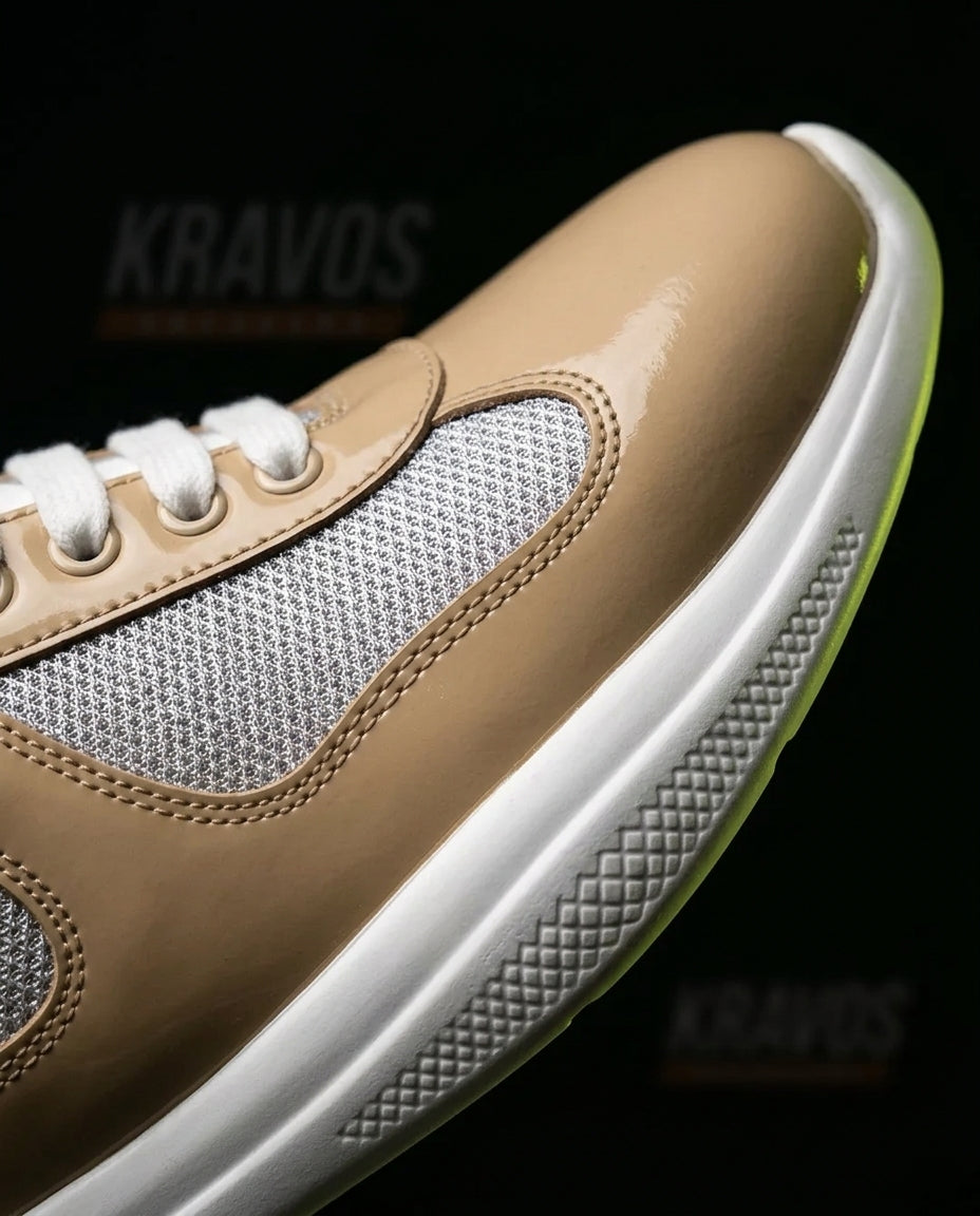 PRD Patent Mesh Panelled Court Trainer Beige Grey White