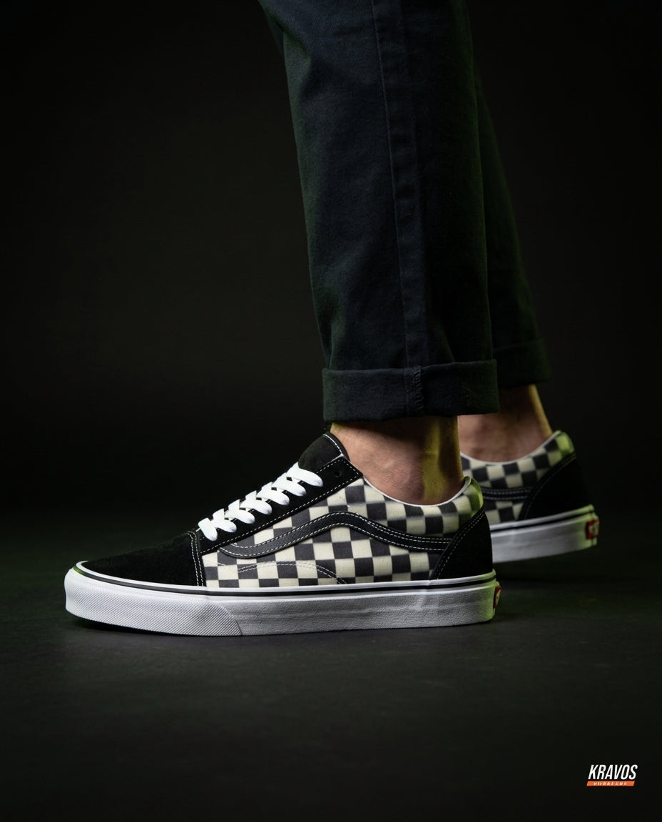 VNS Canvas Suede Vulcanised Skate Low Black White Checkerboard