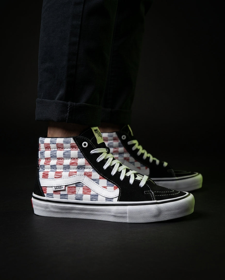 VNS Suede Panelled High-Top Skate Shoe Black White Red Blue