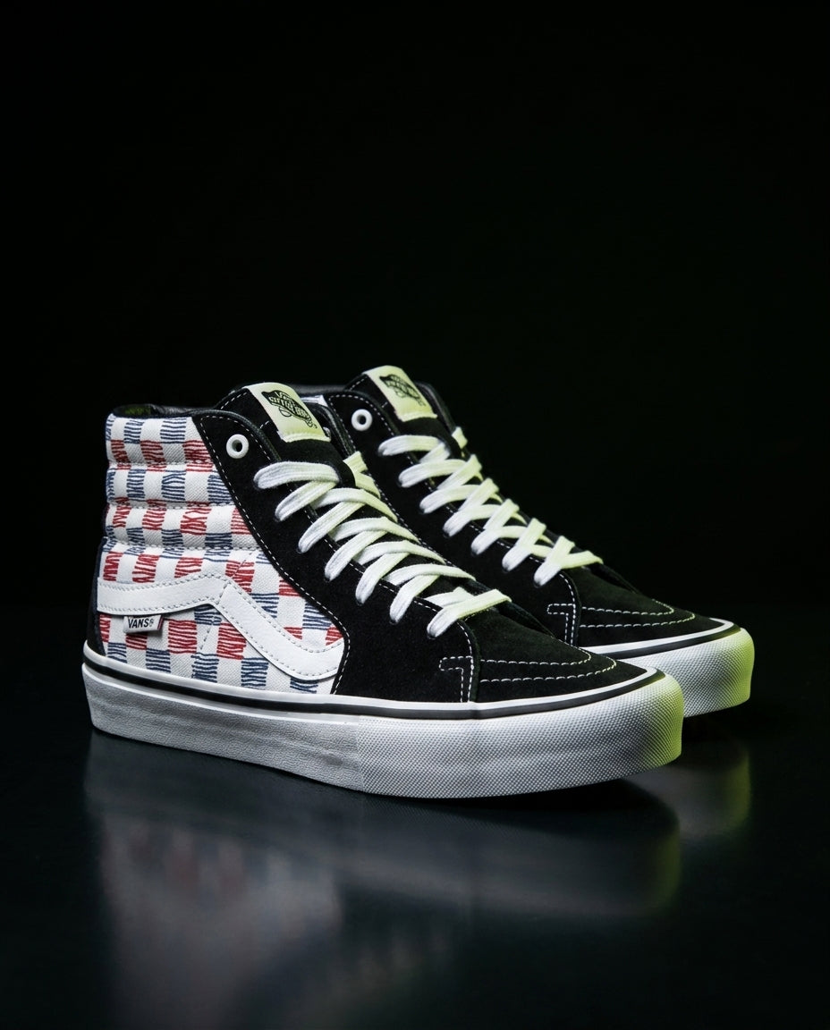 VNS Suede Panelled High-Top Skate Shoe Black White Red Blue