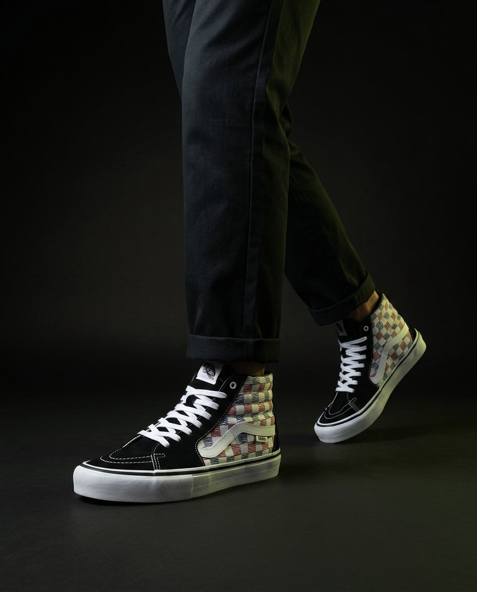 VNS Suede Panelled High-Top Skate Shoe Black White Red Blue