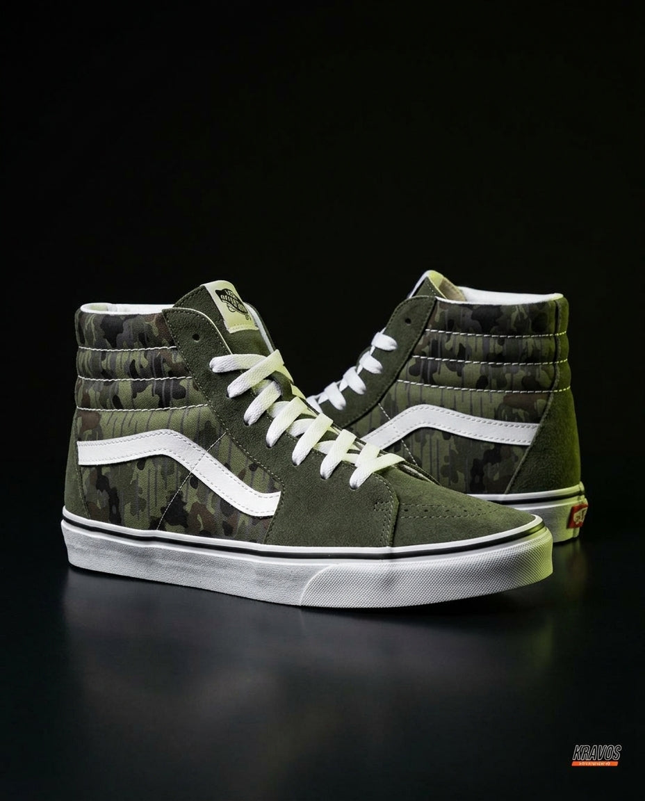 VNS Suede Panelled High-Top Skate Shoe Olive Camo White
