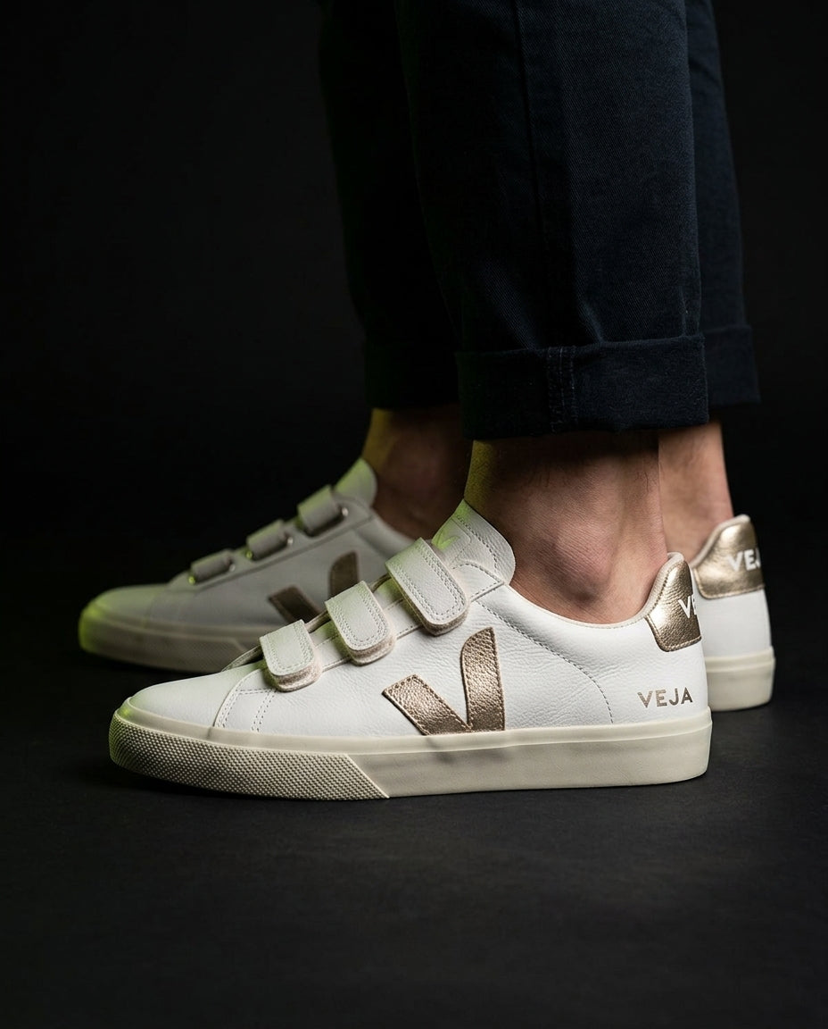 VRT Leather Triple-Strap Court Trainer White Gold