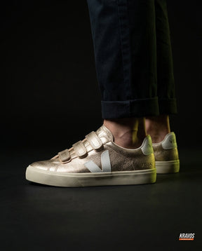 VRT Leather Velcro-Strap Court Trainer Gold White