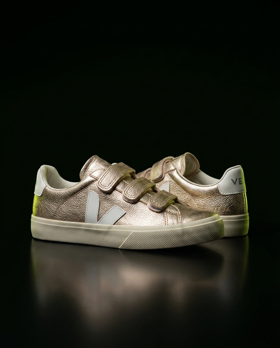 VRT Leather Velcro-Strap Court Trainer Gold White