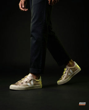 VRT Leather Velcro-Strap Court Trainer Gold White