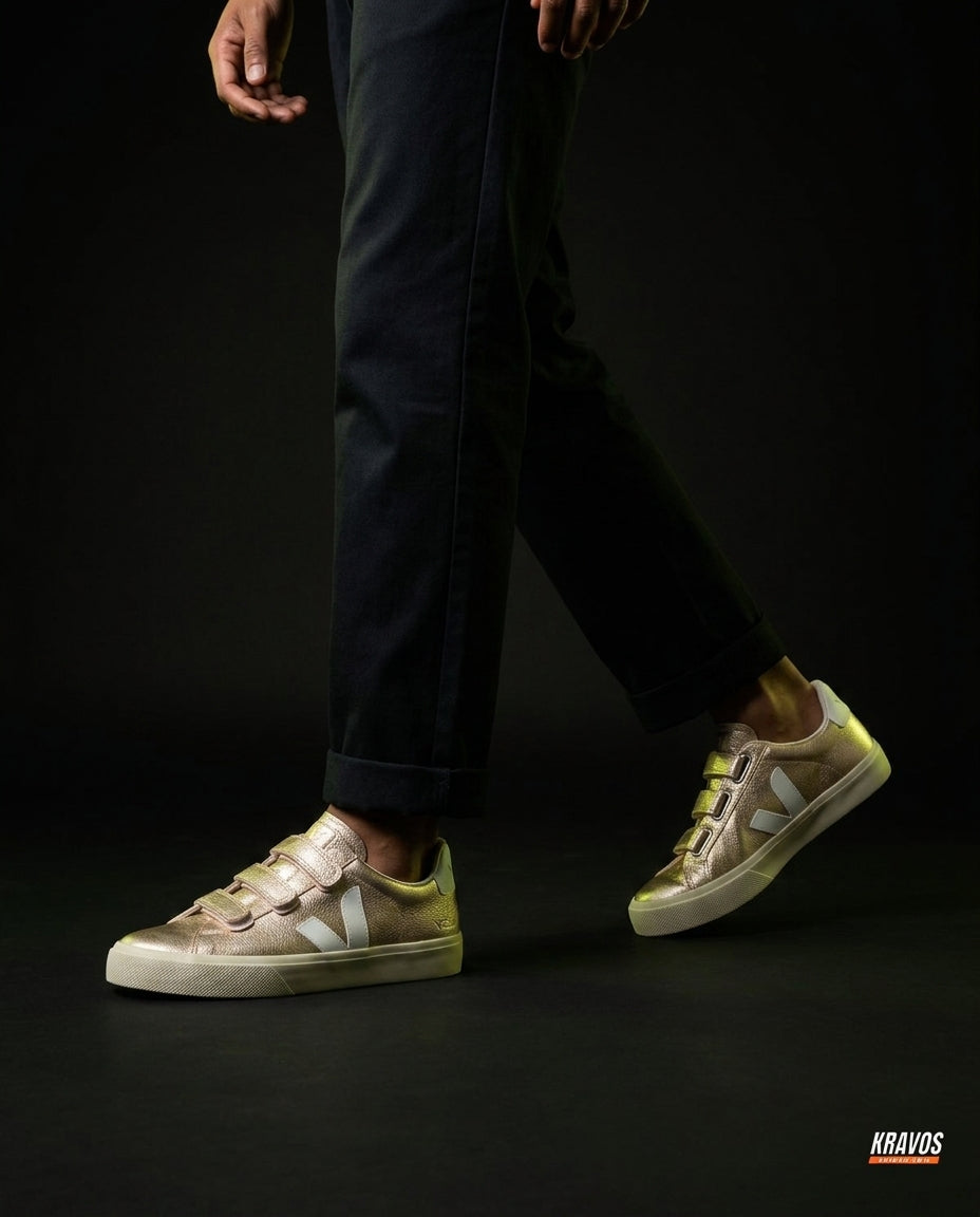 VRT Leather Velcro-Strap Court Trainer Gold White