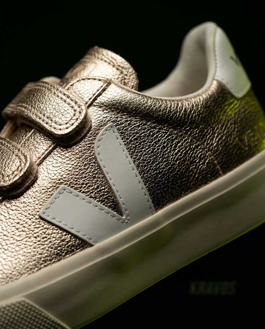 VRT Leather Velcro-Strap Court Trainer Gold White