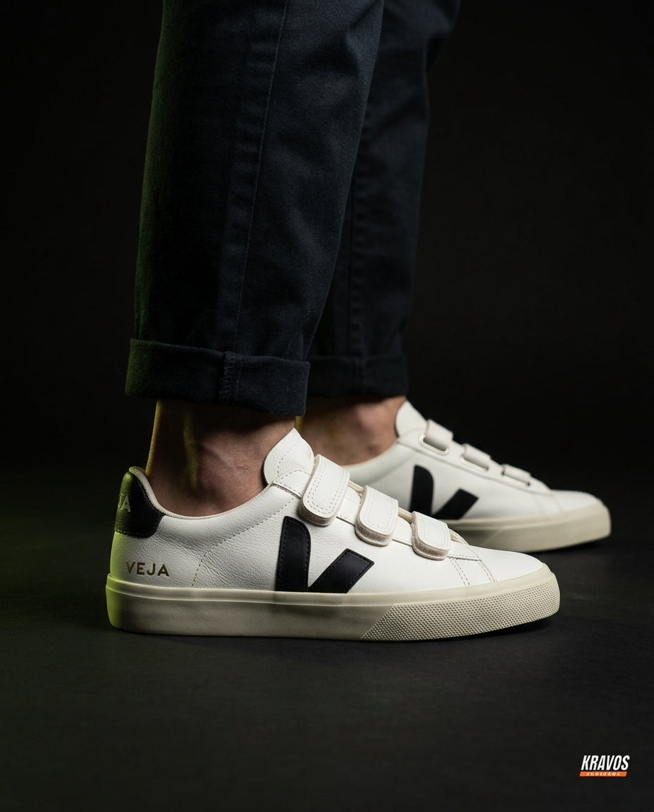 VRT Leather Velcro-Strap Court Trainer White Black