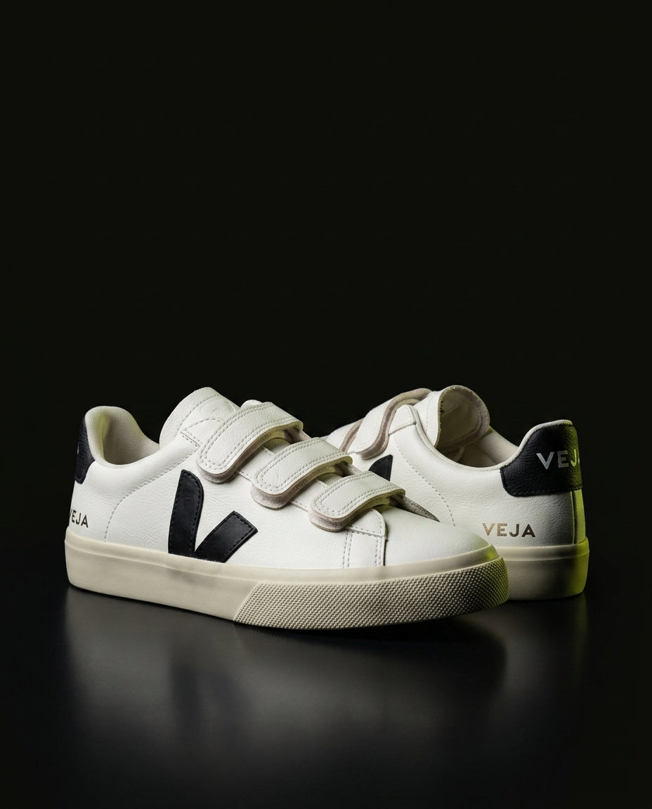 VRT Leather Velcro-Strap Court Trainer White Black