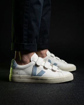 VRT Leather Velcro-Strap Court Trainer White Blue
