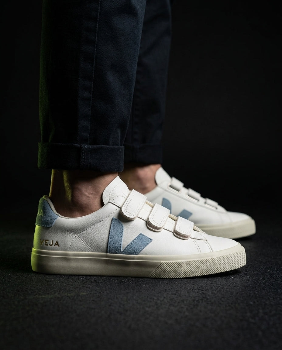 VRT Leather Velcro-Strap Court Trainer White Blue