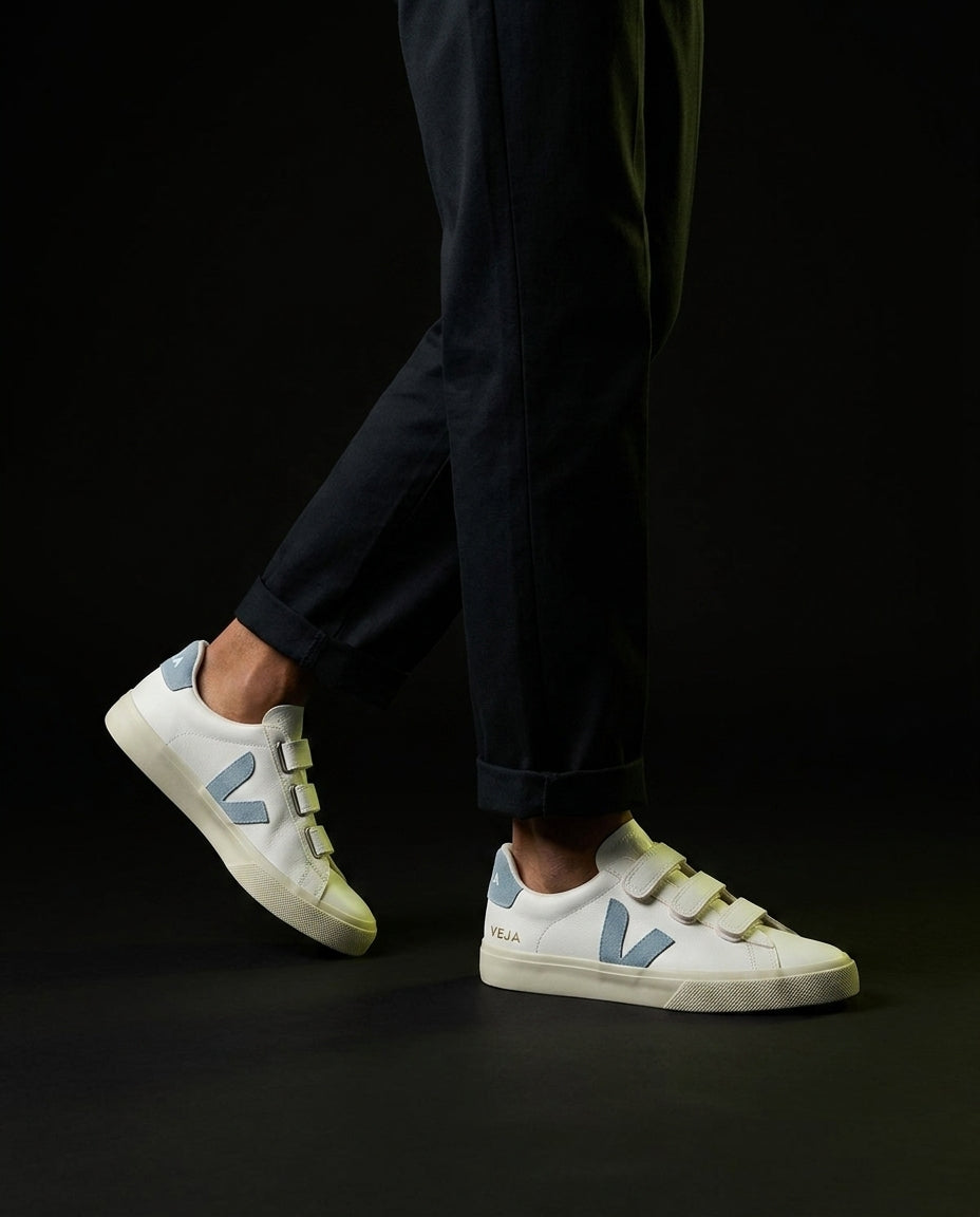 VRT Leather Velcro-Strap Court Trainer White Blue