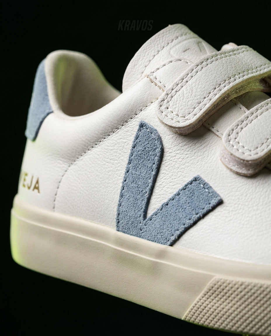 VRT Leather Velcro-Strap Court Trainer White Blue