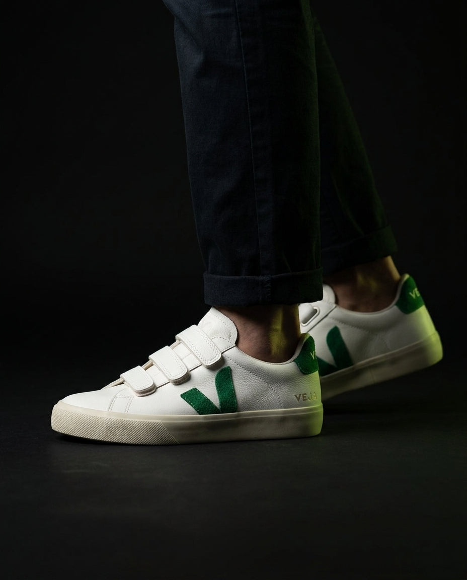 VRT Leather Velcro-Strap Court Trainer White Green