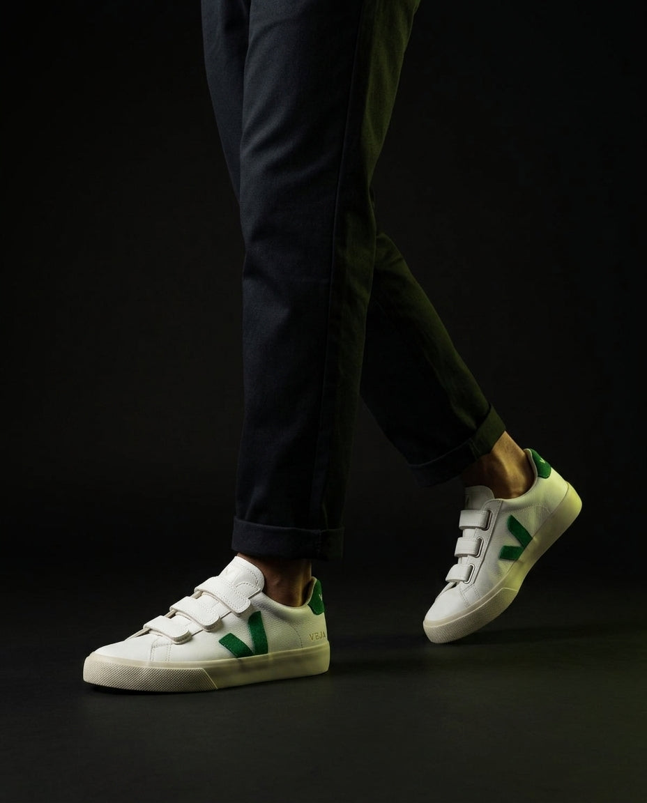VRT Leather Velcro-Strap Court Trainer White Green
